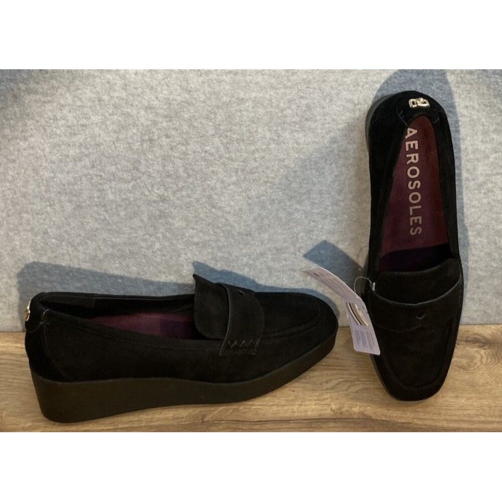 Aerosoles Sz 11 New Cetara Loafer Black Suede Platform Wedge Preppy Comfort Shoe
